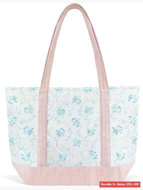 Large Quilted Floral Tote Bag with Zipper for Work Travel Gym Shopping